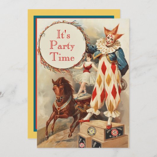 ヴィンテージサーカスピエロカスタムバースデーパーティー招待状 招待状 (正面/裏面)