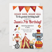 ヴィンテージサーカスフェスティバルカーニバル動物誕生日 招待状 (正面/裏面)