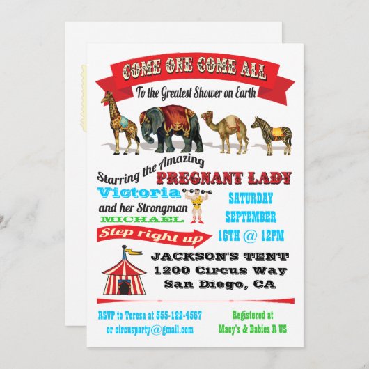 ヴィンテージサーカス動物ベビーシャワー招待状 招待状 (正面/裏面)