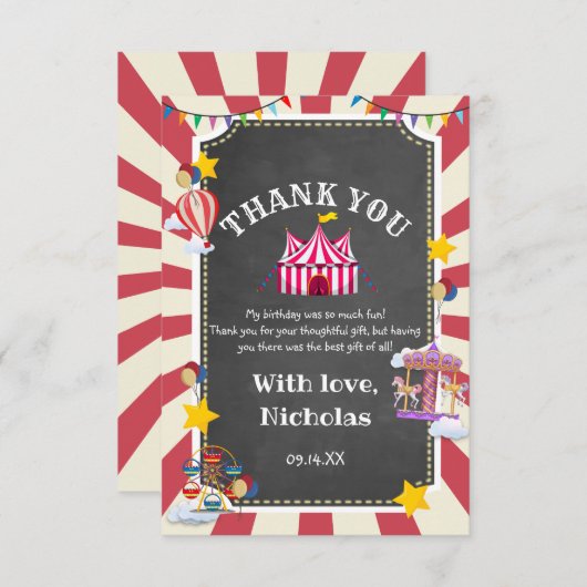 ヴィンテージサーカス来バルーン来ワンすべての誕生日 サンキューカード (正面/裏面)