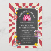 ヴィンテージサーカス来バルーン来ワンすべての誕生日 招待状 (正面/裏面)