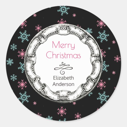 ヴィンテージサークル雪の上で陽気なクリスマス ラウンドシール (正面)