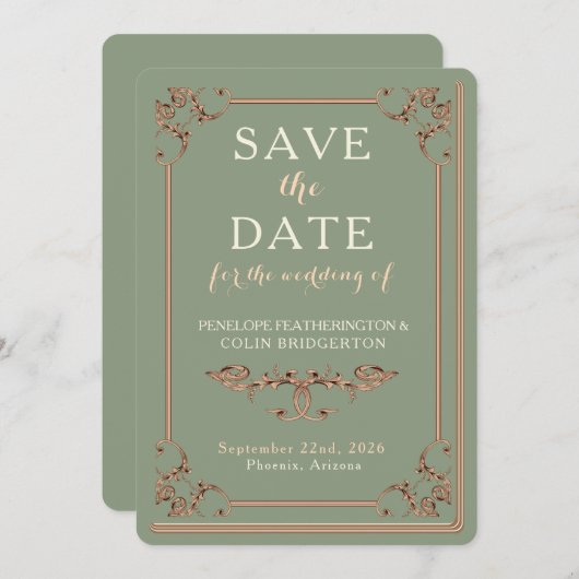 ヴィンテージサージグリーン縁ど装飾図書室 セーブザデート (正面/裏面)