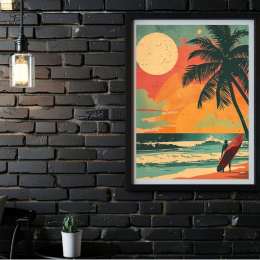 ヴィンテージサーファーin夏サンセットレトロポスター ポスター