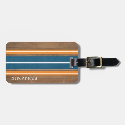 ヴィンテージサーフストライプボードの背景 – 繊細な木材 ラゲッジタグ (正面横)