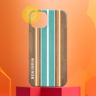 ヴィンテージサーフストライプボードの背景 – 繊細な木材 iPhone 15ケース