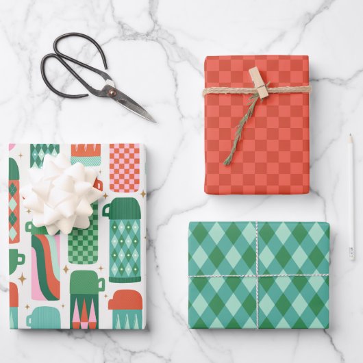 ヴィンテージサーモセスクリスマスレッド、グリーン&ホワイト ラッピングペーパーシート (正面)