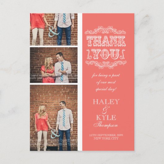 ヴィンテージサーモン3写真結婚の投稿カードに感謝 ポストカード (正面)