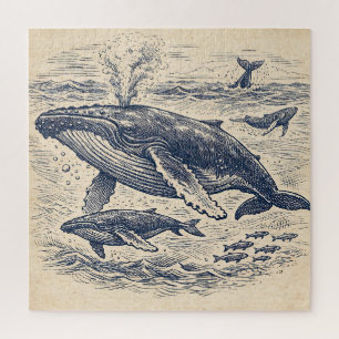 ヴィンテージザトウクジラの群れの彫刻 ジグソーパズル