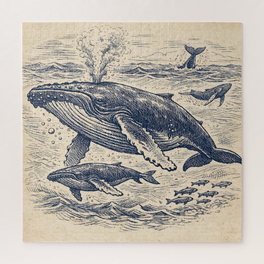 ヴィンテージザトウクジラの群れの彫刻 ジグソーパズル (縦)
