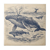 ヴィンテージザトウクジラの群れの彫刻 タイル (正面)