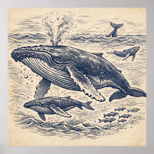 ヴィンテージザトウクジラの群れの彫刻 ポスター (正面)
