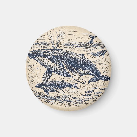 ヴィンテージザトウクジラの群れの彫刻 マグネット (正面)