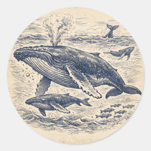 ヴィンテージザトウクジラの群れの彫刻 ラウンドシール