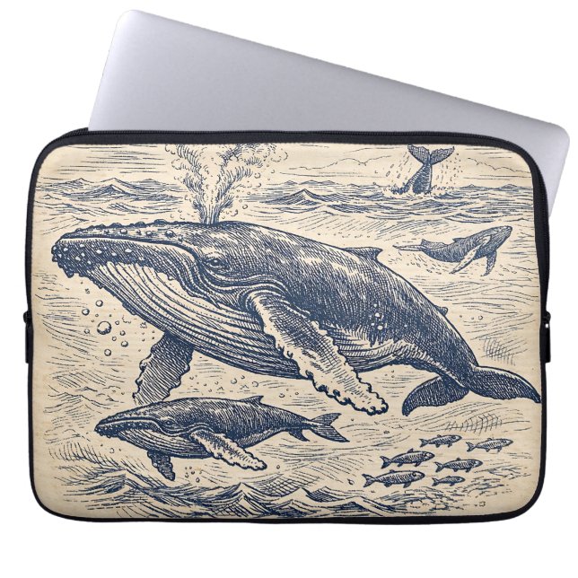 ヴィンテージザトウクジラの群れの彫刻 ラップトップスリーブ (正面)