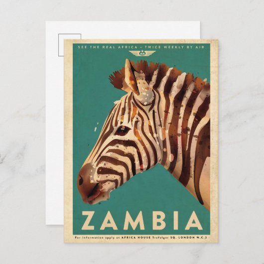 ヴィンテージザンビア・ゼブラ旅行 ポストカード (正面/裏面)