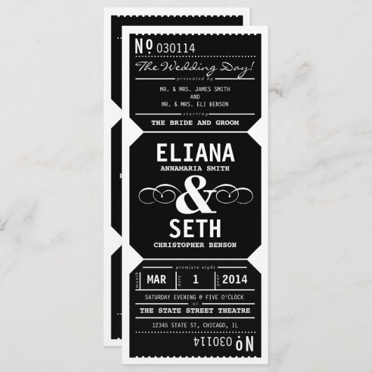 ヴィンテージシアターチケット結婚式招待状インブラック 招待状 (正面/裏面)