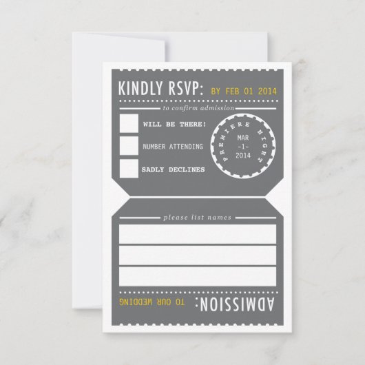 ヴィンテージシアターチケットRSVPグレーと黄色 出欠カード (正面)
