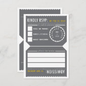 ヴィンテージシアターチケットRSVPグレーと黄色 出欠カード (正面/裏面)
