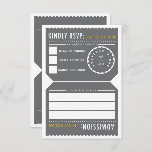 ヴィンテージシアターチケットRSVPグレーと黄色 出欠カード (正面/裏面)