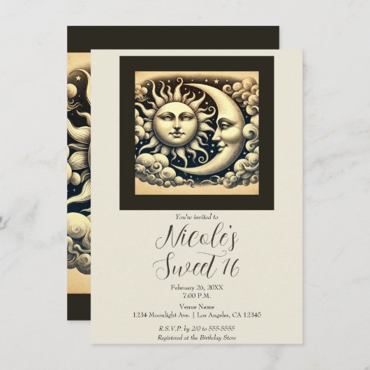 ヴィンテージシアルサン&ムーンスウィート16誕生日 招待状 (正面/裏面)