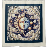 ヴィンテージシアルハーフサン&ムーンブルーイエロー シャワーカーテン (正面)