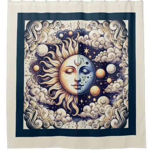 ヴィンテージシアルハーフサン&ムーンブルーイエロー シャワーカーテン (正面)