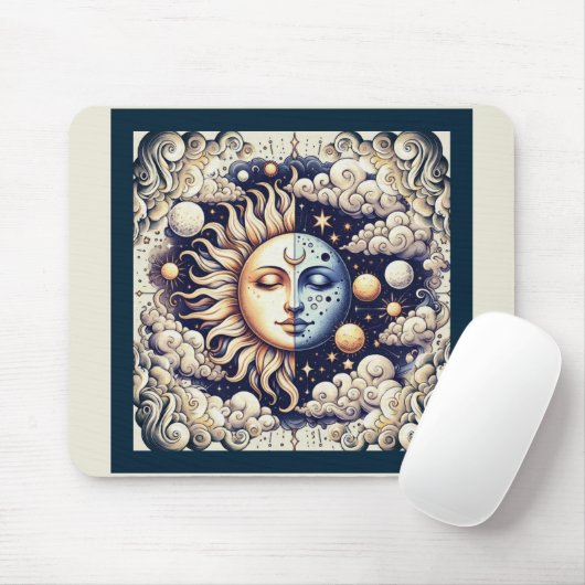 ヴィンテージシアルハーフサン&ムーンブルーイエロー マウスパッド (マウス)