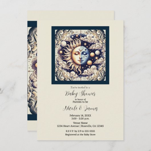 ヴィンテージシアルハーフサン&ムーンベイビーシャワー 招待状 (正面/裏面)