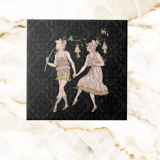 ヴィンテージシェイクスピアの庭園女子オンブラックダマスク タイル