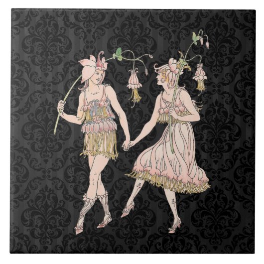 ヴィンテージシェイクスピアの庭園女子オンブラックダマスク タイル (正面)