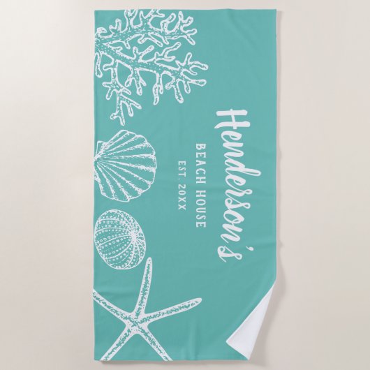 ヴィンテージシェルヒトデビーチハウスネームシーグリーン ビーチタオル (正面)