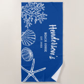 ヴィンテージシェルヒトデビーチハウス名ブルーホワイト ビーチタオル (正面)