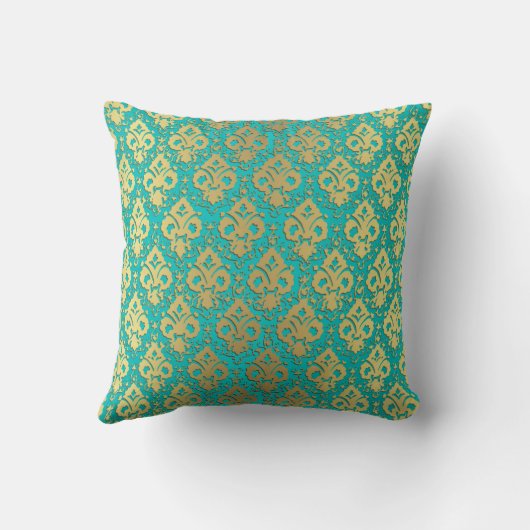 ヴィンテージシエレガントックティール（緑がかった色）金ゴールドダマスク クッション (裏面)