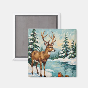 ヴィンテージシカとコマドリのクリスマスシーン マグネット