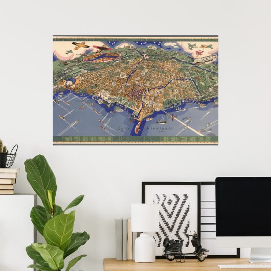 ヴィンテージシカゴの地図 ポスター (ホームオフィス)