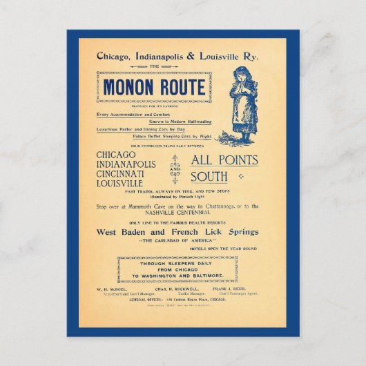 ヴィンテージシカゴインディアナポリスルイビル鉄道AD ポストカード (正面)