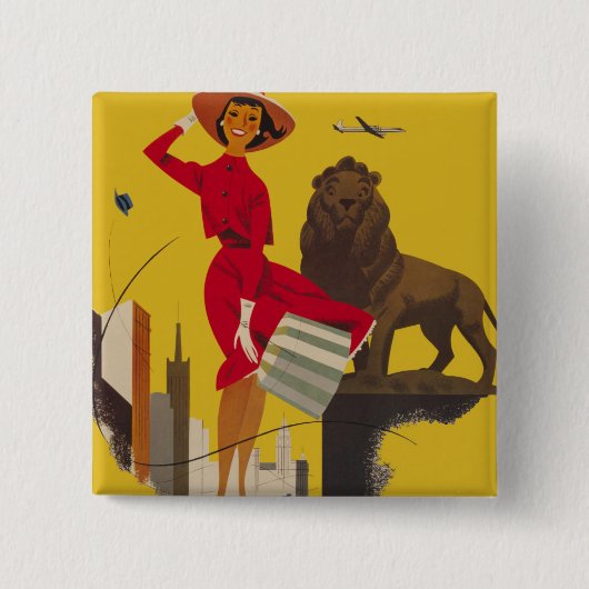 ヴィンテージシカゴUSA航空旅行広告 缶バッジ (正面)