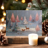 ヴィンテージシカ,雪の多い森のピンクのクリスマスツリー シーズンカード