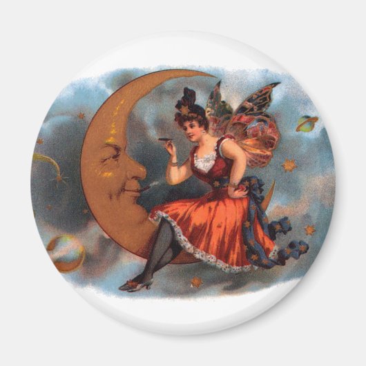 ヴィンテージシガーラベルアートビクトリアン、フェアリー・オン・ムーン マグネット (正面)