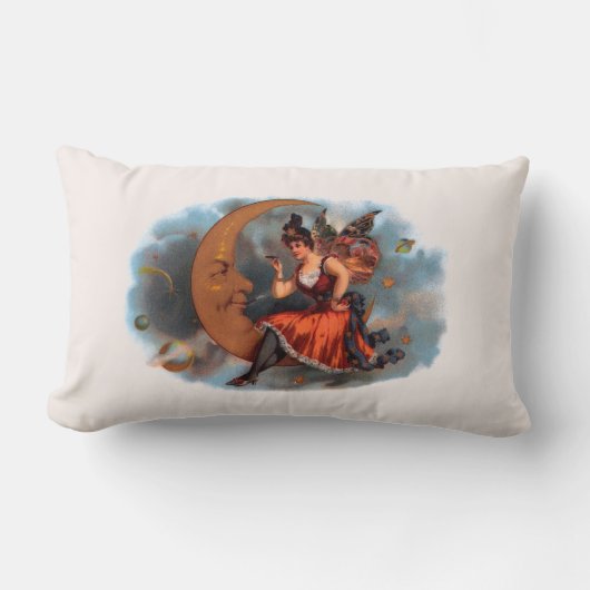 ヴィンテージシガーラベルアートビクトリアン、フェアリー・オン・ムーン ランバークッション (正面)