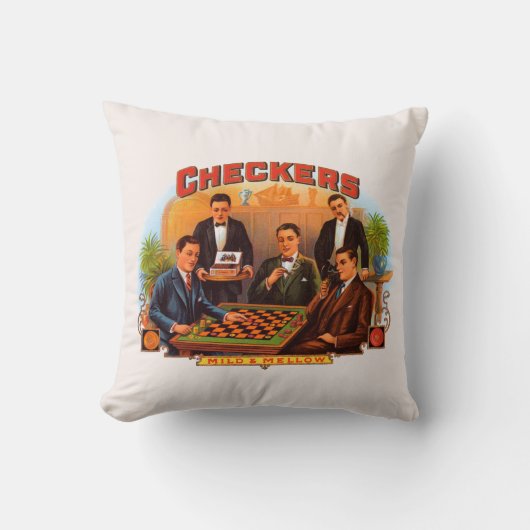 ヴィンテージシガーラベルアート市松模様に、Mild and Mellow クッション (正面)