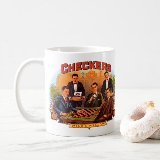 ヴィンテージシガーラベルアート市松模様に、Mild and Mellow コーヒーマグカップ (ドーナツ)