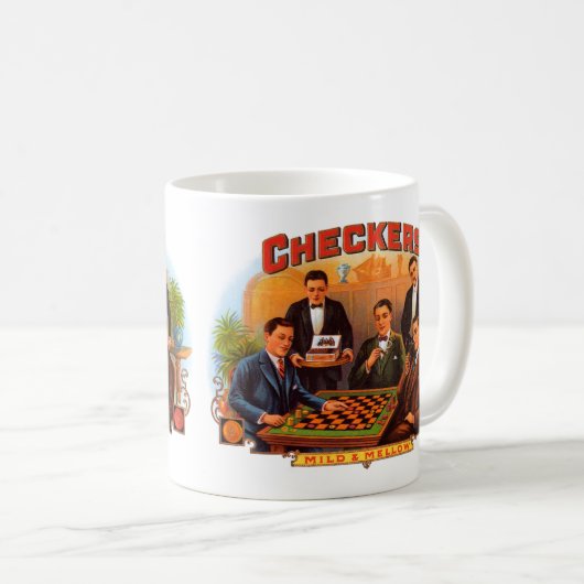ヴィンテージシガーラベルアート市松模様に、Mild and Mellow コーヒーマグカップ (正面右)