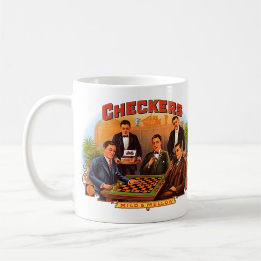 ヴィンテージシガーラベルアート市松模様に、Mild and Mellow コーヒーマグカップ (左)