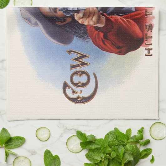 ヴィンテージシガーラベルアート、カウボーイがマークをヒット キッチンタオル (折り畳み)