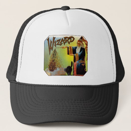 ヴィンテージシガーラベルアート、ブラックキャット付きウィザード キャップ (正面)