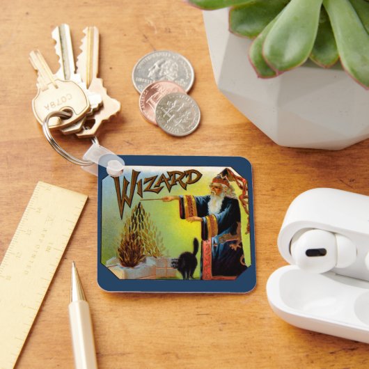 ヴィンテージシガーラベル、ブラックキャット付き魔法ウィザード キーホルダー (デスク)