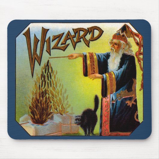 ヴィンテージシガーラベル、ブラックキャット付き魔法ウィザード マウスパッド (正面)