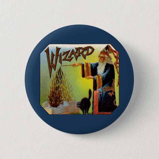 ヴィンテージシガーラベル、ブラックキャット付き魔法ウィザード 缶バッジ (正面)